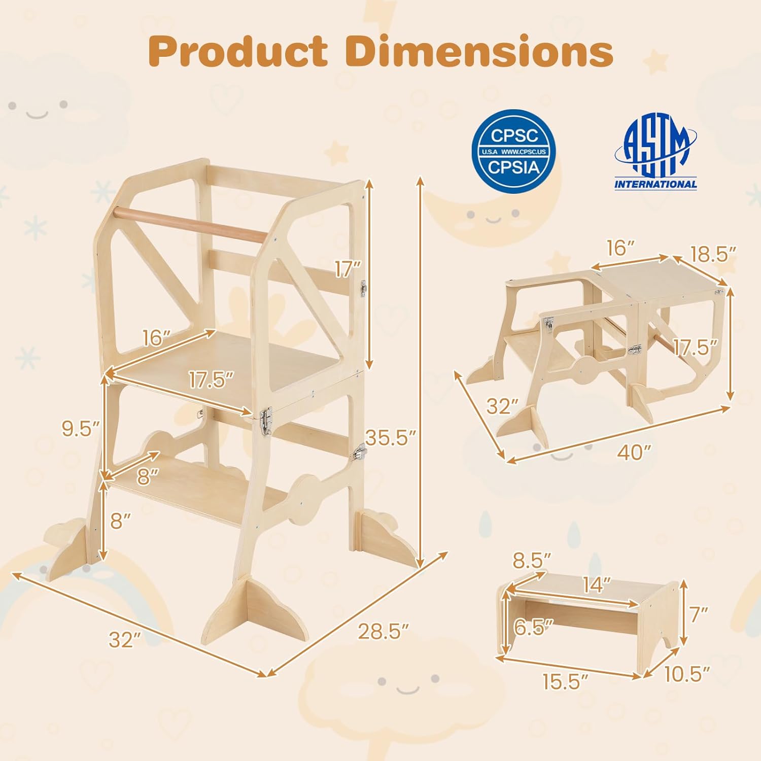 Costzon Convertible Toddler Tower, Wooden Children Table and Chair, Multifunctional Kids Kitchen Step Stool with Removable Safety Bar, Gift for Boys & Girls Aged 3+