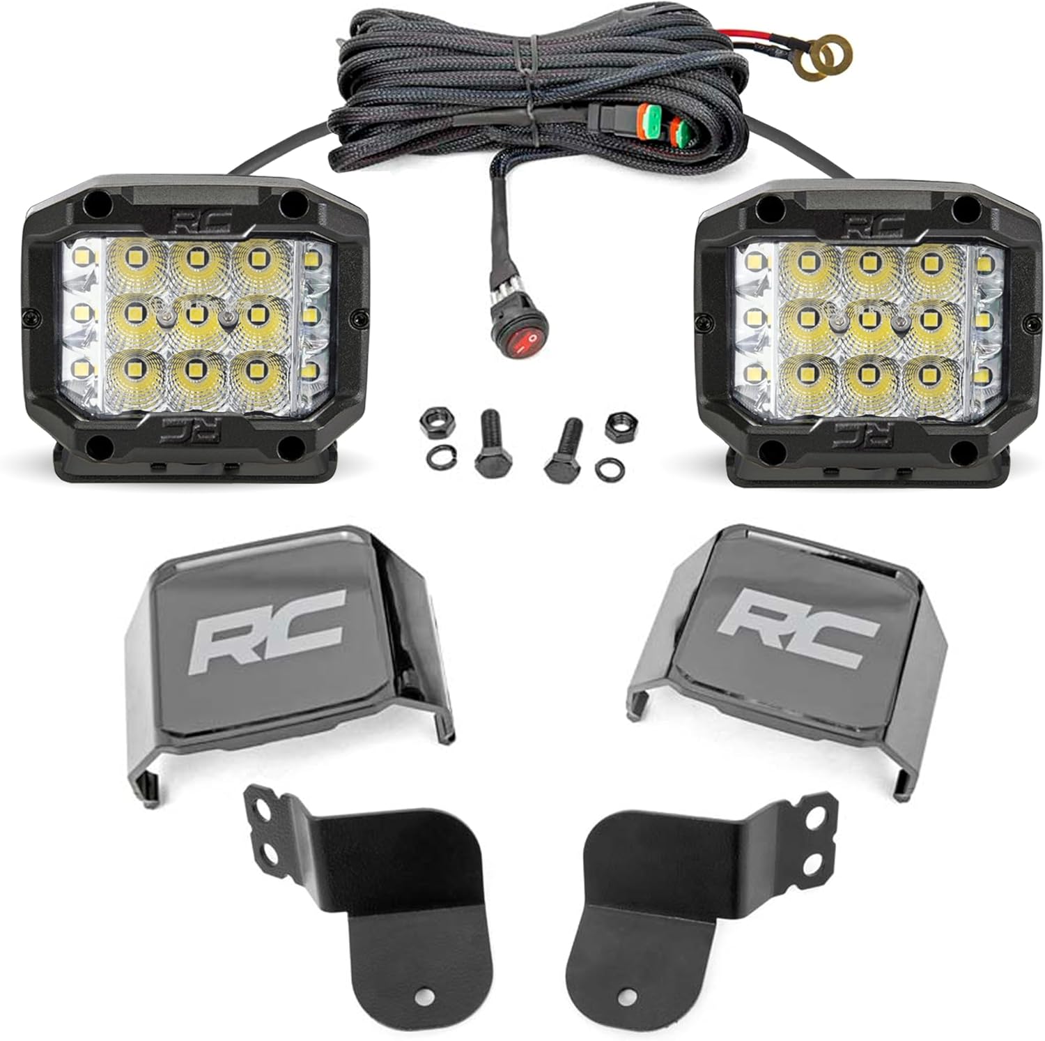 Rough Country Dual 3" LED Lower Windshield Light Kit Wide Angle for Polaris General/General XP - 13,500 Lumens, 150W OSRAM LEDs, Spot-Focus Beam, Bolt-On Cubes