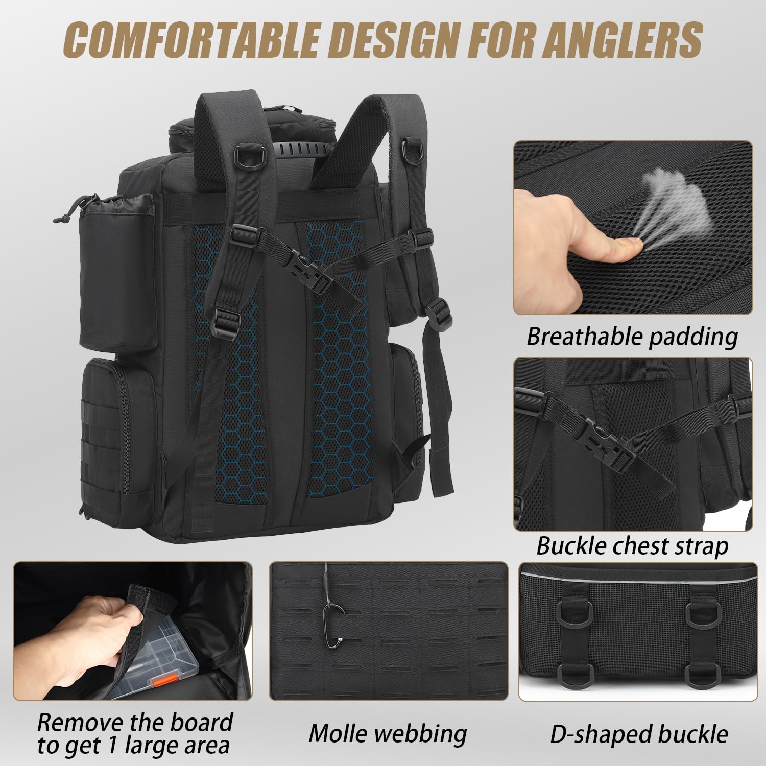 Mochila de Pesca de 50L con Soporte & Compartimento de Congelación para Cañas de Pescar, Resistente al Agua, táctico Mochila para Equipo de Pesca (Negro con 4 Cajas)