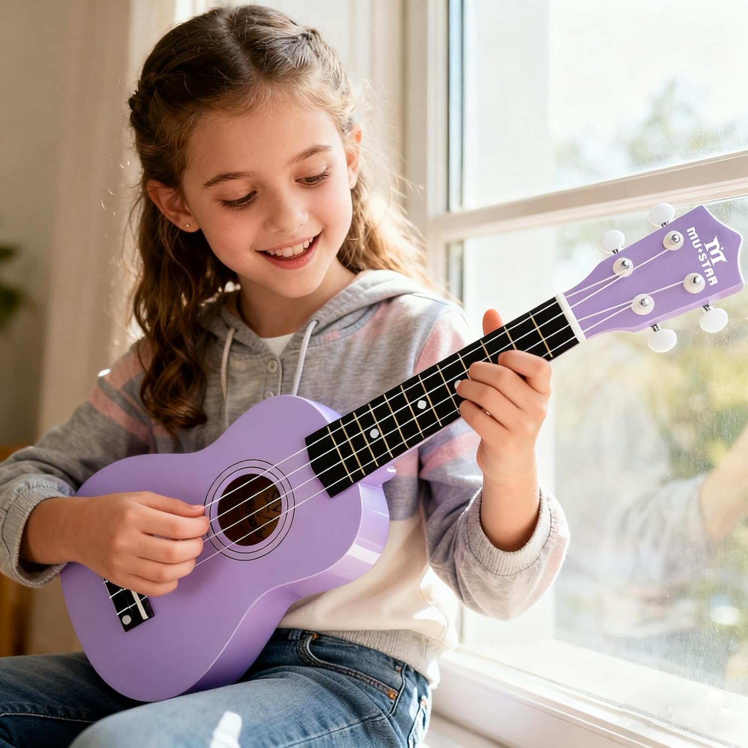 MUSTAR Soprano Ukulele for Beginners Kit - 21 Inch Basswood Ukuleles for Beginner, Ukulele Pack With Gig Bag, Strap, Purple Ukuleles Set