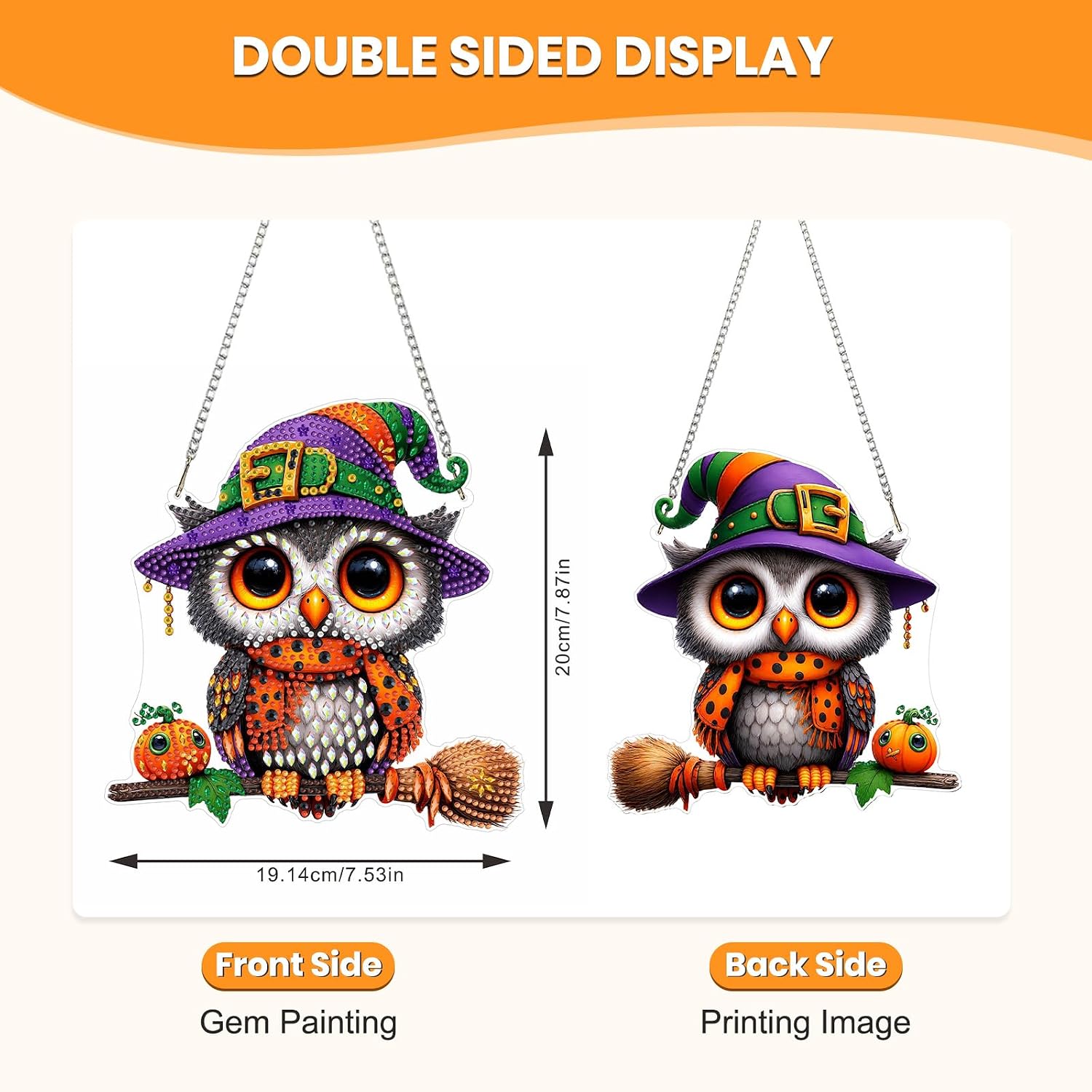 NEWENMO Cute Halloween Owl Hanging Diamond Art Kits for Adults, Special Shaped Rhinestone Hanging Ornament Diamond Art Kit, Window Pendants Gift for Home Garden Wall Decor, Pumpkin Owl image 3