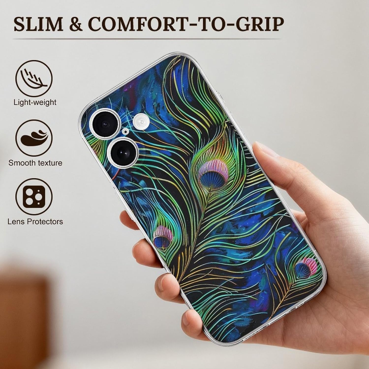 Clear Phone Case for iPhone 17 Case, Peacock Feather 1 Prints Shockproof TPU Cell Cover with Wireless Charging, Anti-Yellowing, Transparent image 3