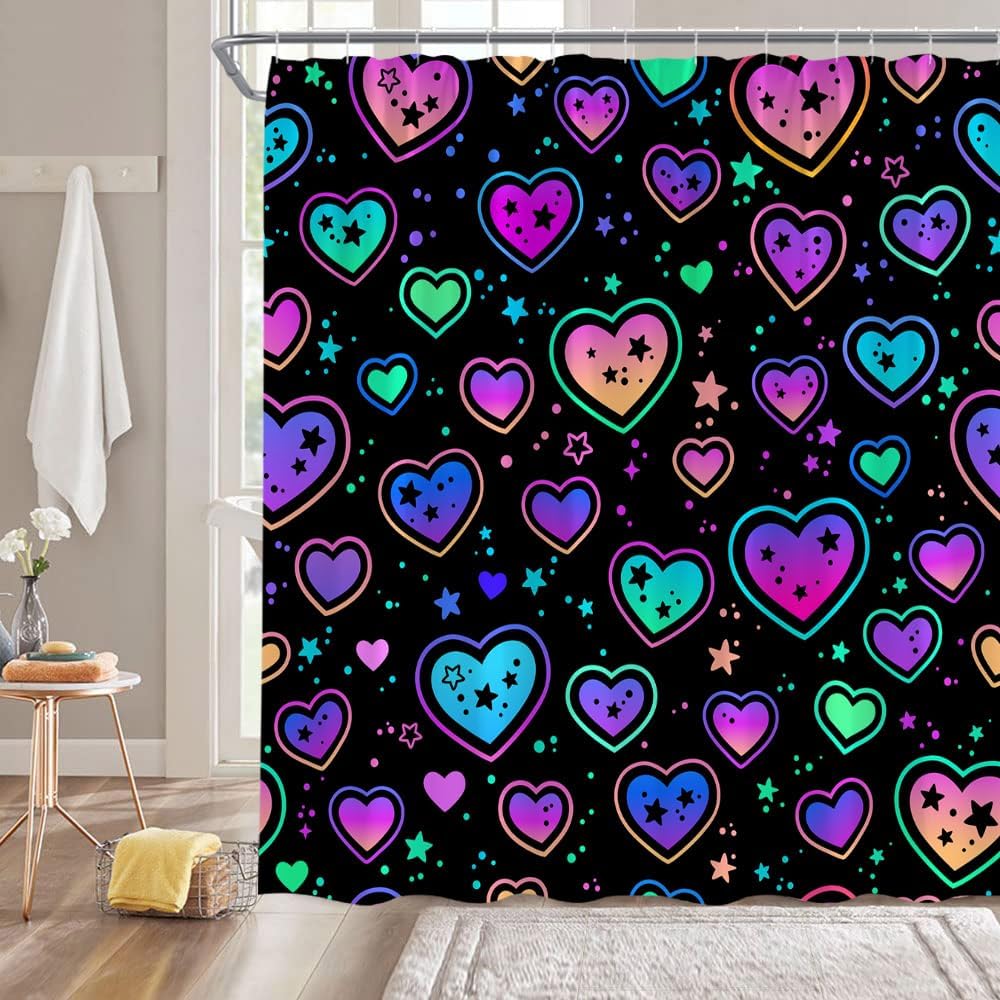 Valentine's Day Shower Curtain Love Heart Star Romantic Sweet Couple Fantasy Fabric Decorative Bathroom Curtains with Hooks,Teal Black Purple