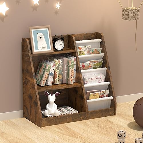 Miniatura 165 de Estantería de madera rosa de 4 niveles para niños, estantería de 5 capas, estante para libros de almacenamiento para bebés, organizador de juguetes