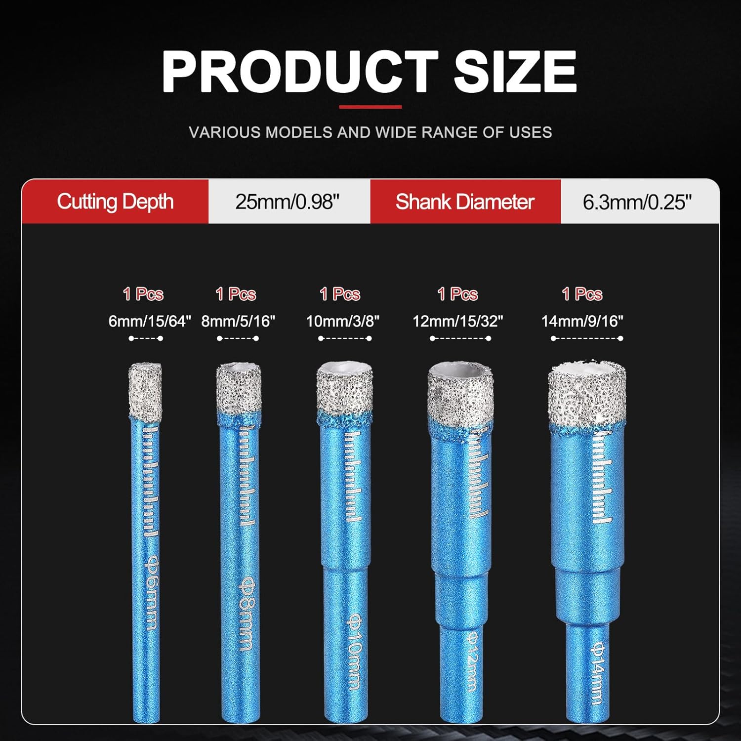 PATIKIL 6-14mm Dry Diamond Core Drill Bit Set, 5Pcs 15/64" to 9/16" Diamond Tile Hole Saw Kit with Round Shank for Porcelain Ceramic Marble Stone (50/60 Mesh)