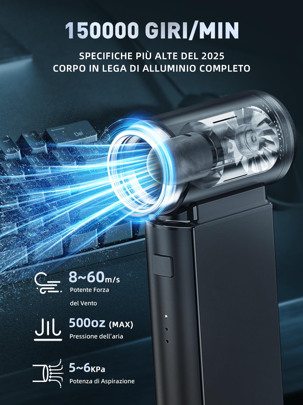 Smiling Shark Elettrico Rimuovi Polvere Aria Compressa, J02 Alluminio 150000 Giri/Min Soffiatore d'Aria Elettrico - Senza Fili con Modalità Storm & Batteria 8000mAh per PC/Auto/Casa/Camping, Nero