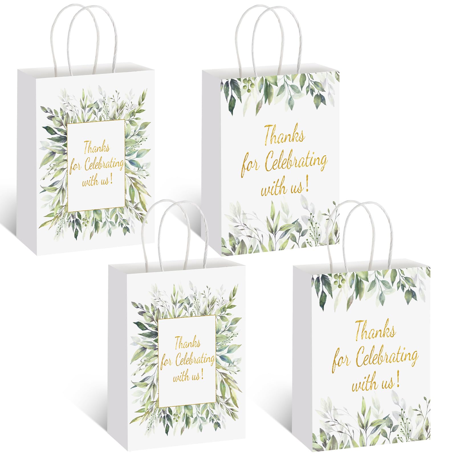 Colarr 24 Pcs Greenery Thank You Gift Bags Bulk 4 Design with Handles Wedding Thank You Baby Shower Favor Paper Bags for Wedding Birthday Favors