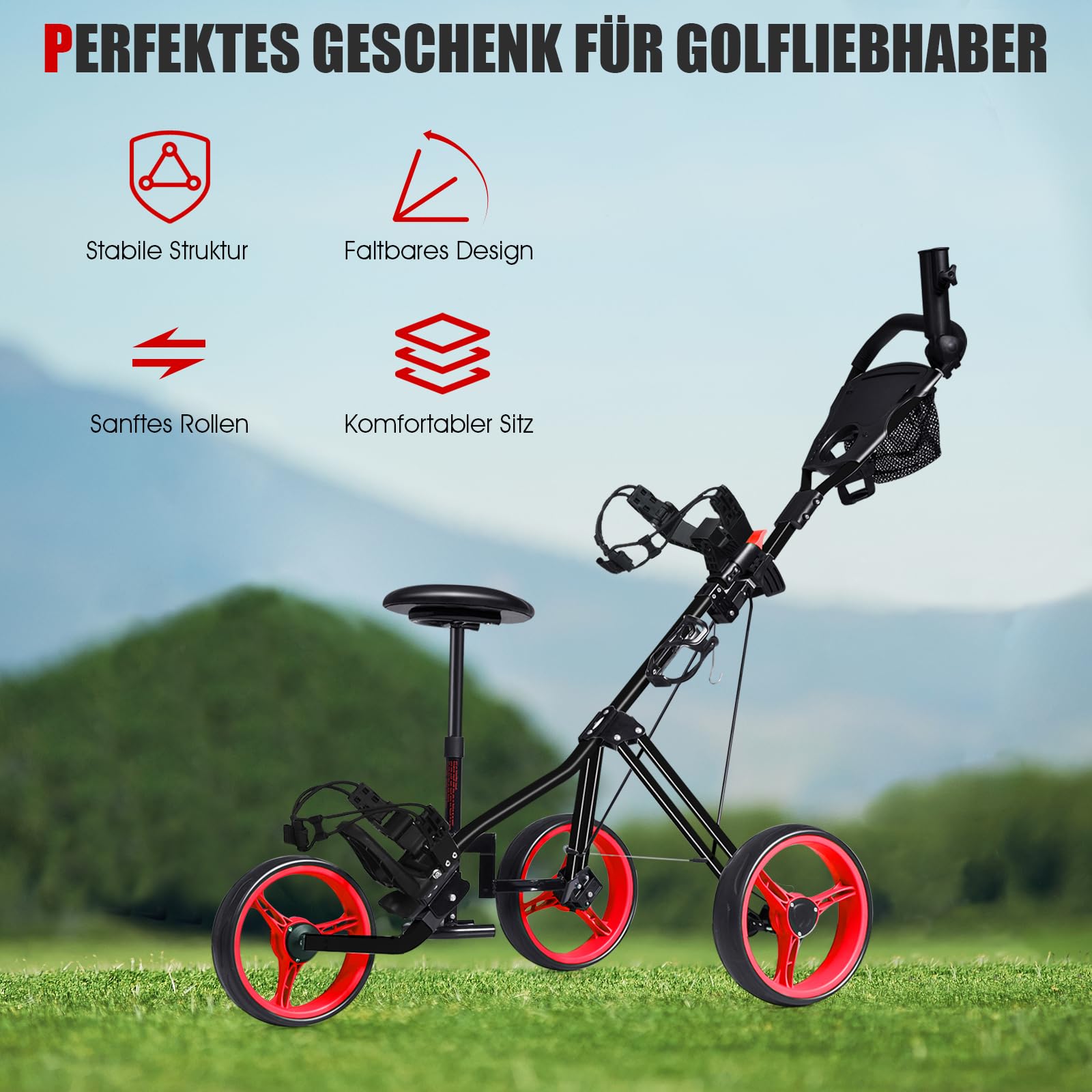 COSTWAY Golftrolley, Golf Trolley, Golftrolley 3 Rad Klappbar, Golfwagen Klappbar, Golf Cart, Golf Trolleys | mit verstellbarem Sitz & Griff & Halter für Schirm und Flasche