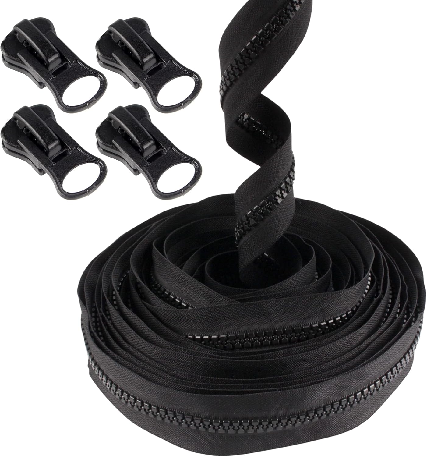 10 Yards #8 Continuous Separating Plastic Zipper, 4 Delrin Locking Pulls - Black