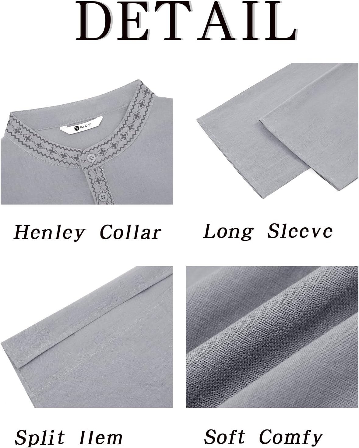 Runcati Mens Cotton Kaftan Robe Long Sleeve Button Down Henley Shirts Thobe Casual Side Split Gown Shirt - Image 6