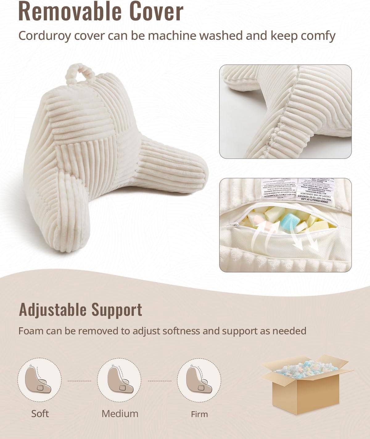 Blissful Diary Reading Pillow for Sitting in Bed, Flannel Back Pillow Bed Sitting Up for Adult & Children, Backrest Cushion for Sit Up in Couch or Floor, Dorm Essentials, Ivory White