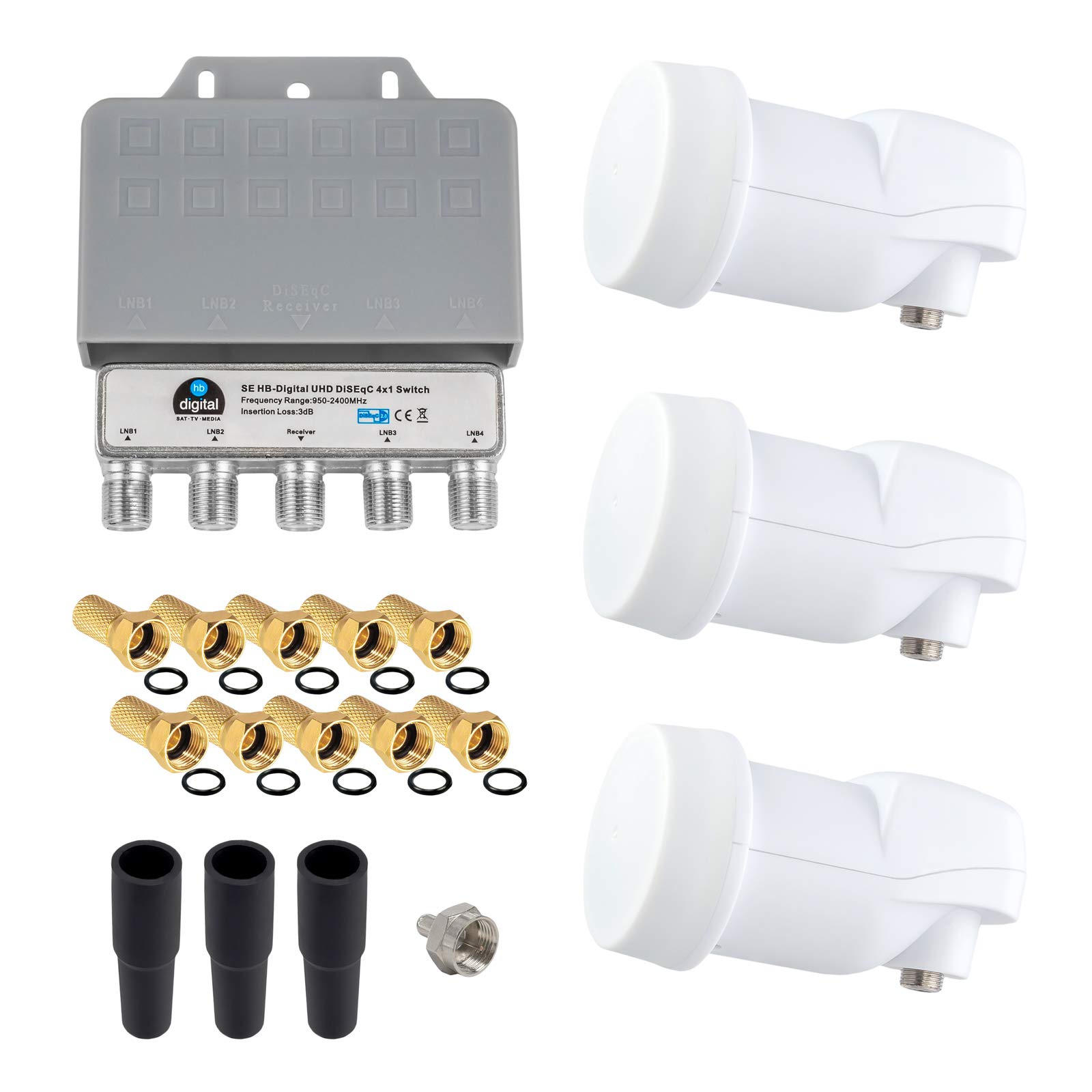 HB-DIGITAL Kit LNB-DiSEqC : 3 satellites SAT, 1 participant ; 3 LNB simples + 1 Diseqc 4/1 avec boîtier de protection contre les intempéries, Full HD 3D 4K UHD + 10 fiches F plaquées or + 1 résistance