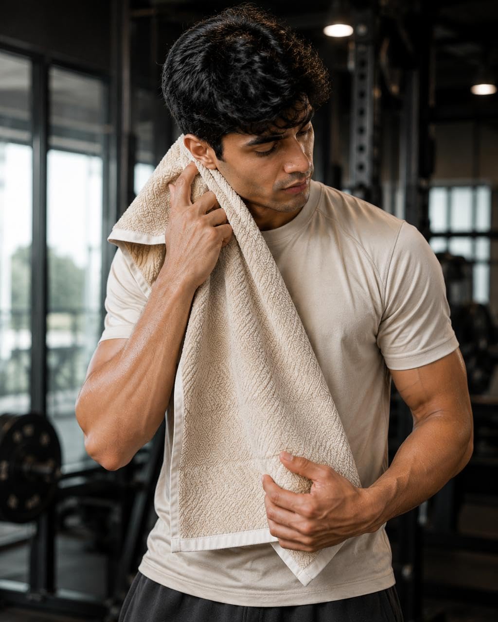 Luxury Beige Gym Towel 19 x 27 Inch | 300 GSM 100% Cotton Fitness Towel | Ultra Soft Quick Dry Sports Towel for Gym, Yoga, Running | Premium Workout Napkin for Men Women-image-6