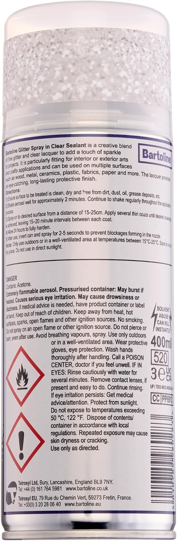 Bartoline Glitter Spray Clear Sealant, Silver, 13.5 oz - Fine Silver Glitter in Clear Lacquer Gloss Finish Multi-Surface Decorative Spray for Wood, Metal, Plastic, Fabric & More - 400 ml