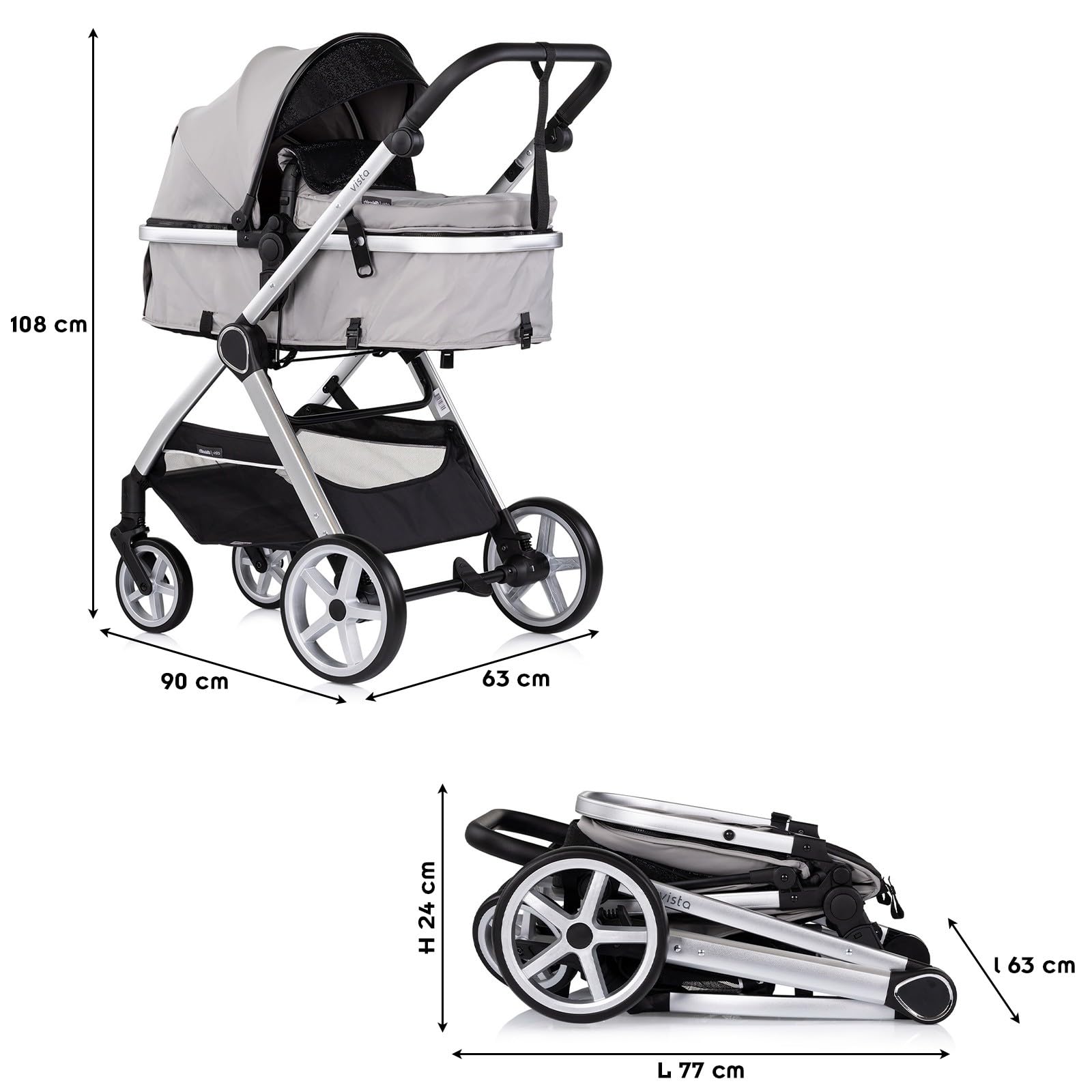 VISTA Poussette combinée jusqu'à 22 kg nacelle souple + assise classique Gris sans cosy