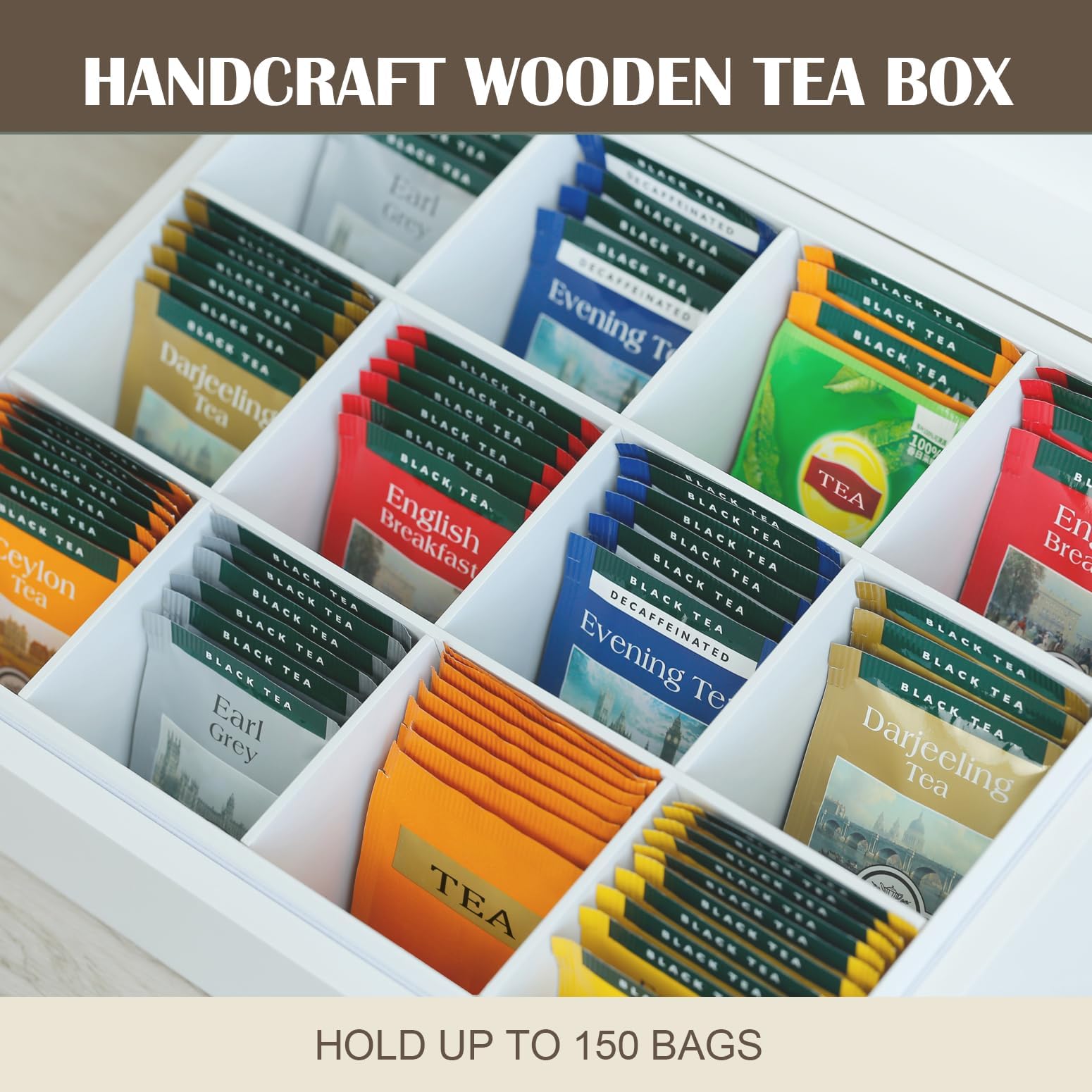 Slege Boîte à Thé en Bois Faite Main,Boîte Thé Blanche à 12 Compartiments,Coffret Thé,Organisateur de Sachets de Thé,Boîte à Café,Boite The Vrac,Organisateur Pour la Maison ou Cadeau,Tea Box