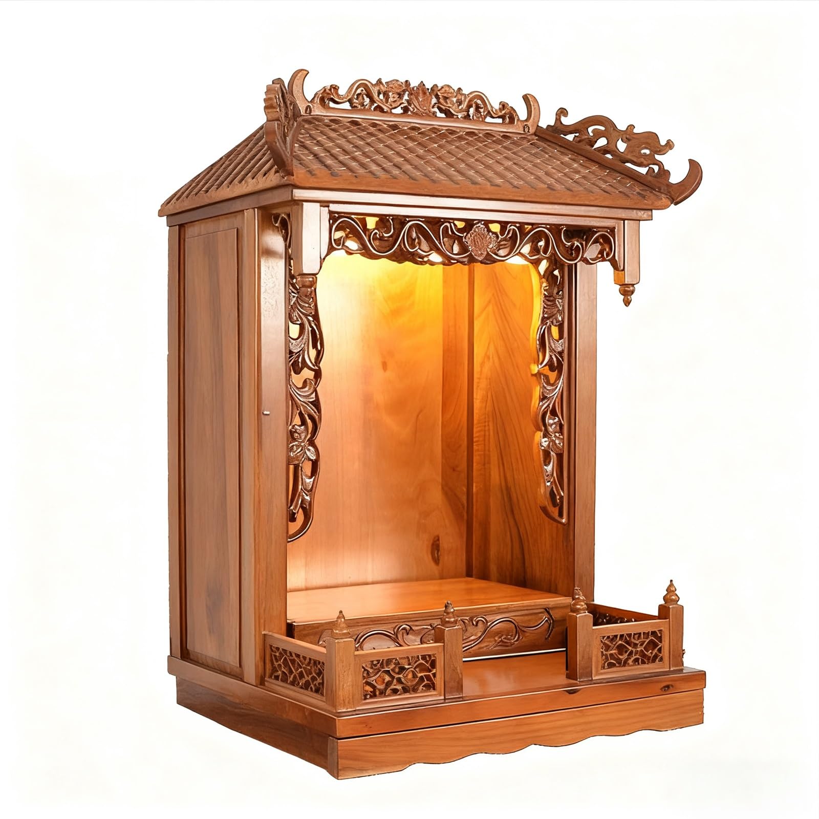 JNTFNE Wall-Mounted Wood Personal Shrine Altar table Shelf, pooja cabinet with doors，Buddhist Offering Niche for Home, Guan Gong Guanyin Pooja Statue Display Stand(Without door,35cm/13.7in)