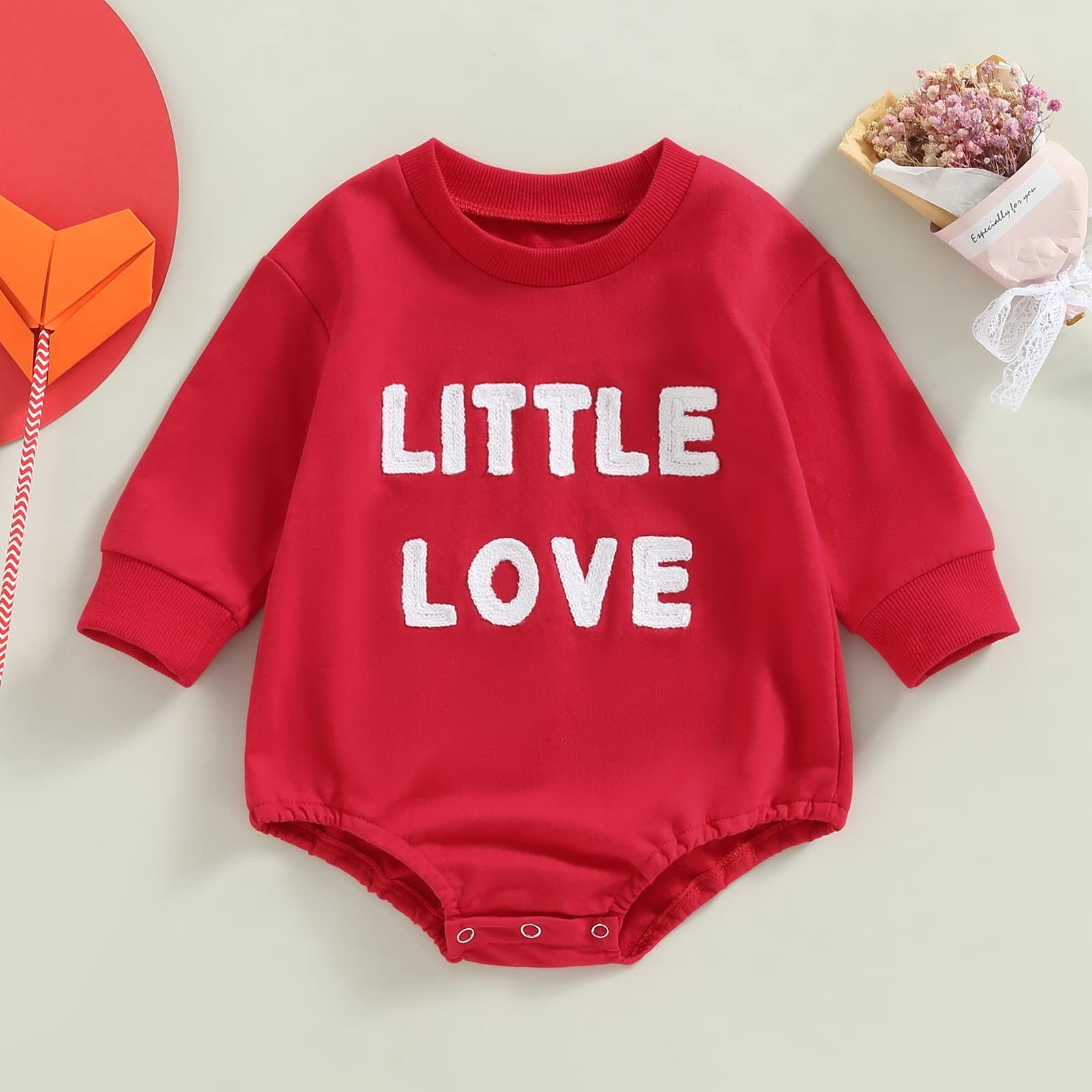 Kayotuas Baby Valentines Day Romper Cute Letter Print Sweatshirt Long Sleeve Pullover Bubble Bodysuit Spring Festival Clothes (Little Love Red,6-9 Months)