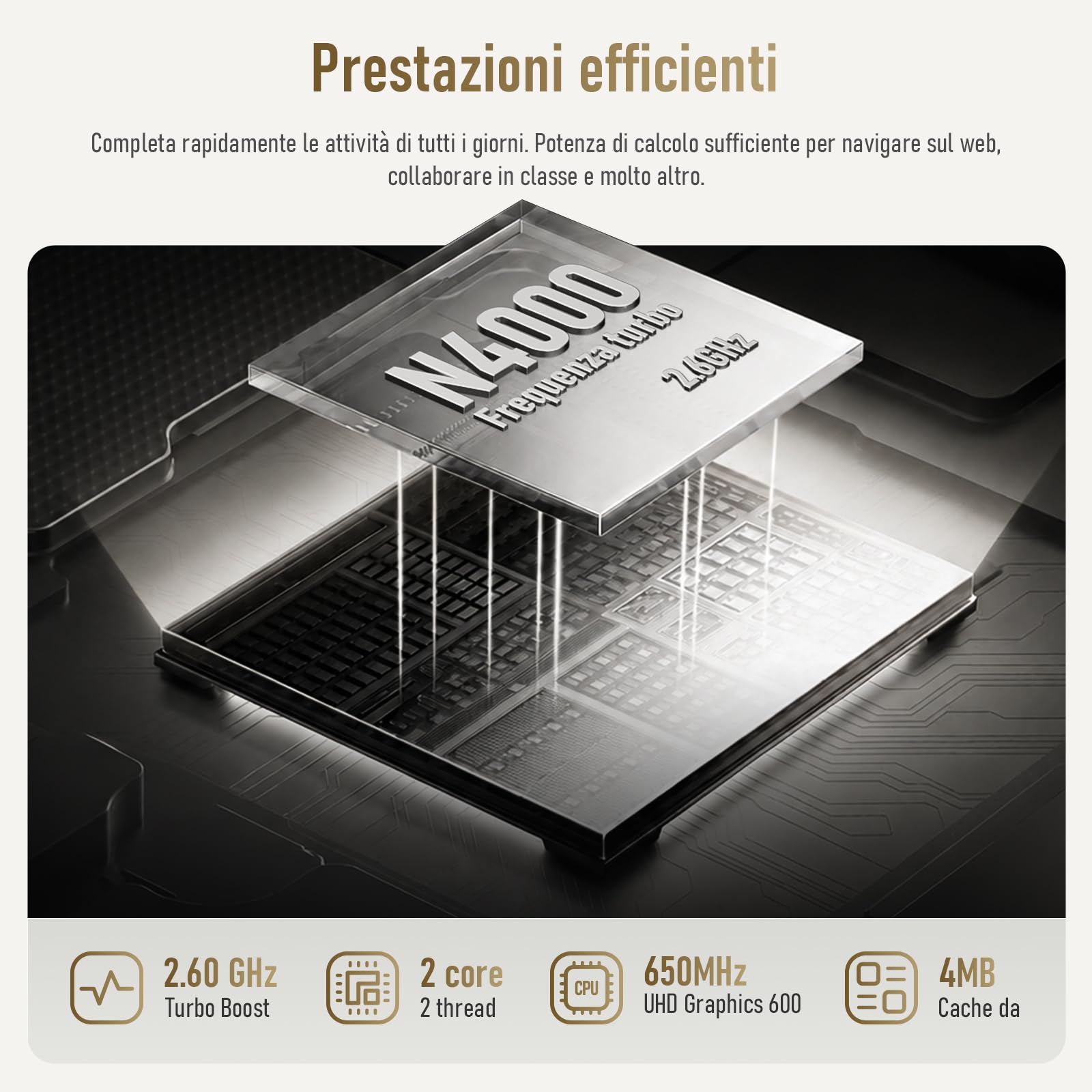 Laptop 15,6" 8 GB 128 GB,PC Portatile schermo, processore N4000fino a 2.6GHz, Wi-Fi 5 dual-band, Bluetooth 4.2, USB-A, HDMI, schermo FHD 1920 x 1080 5000mAh
