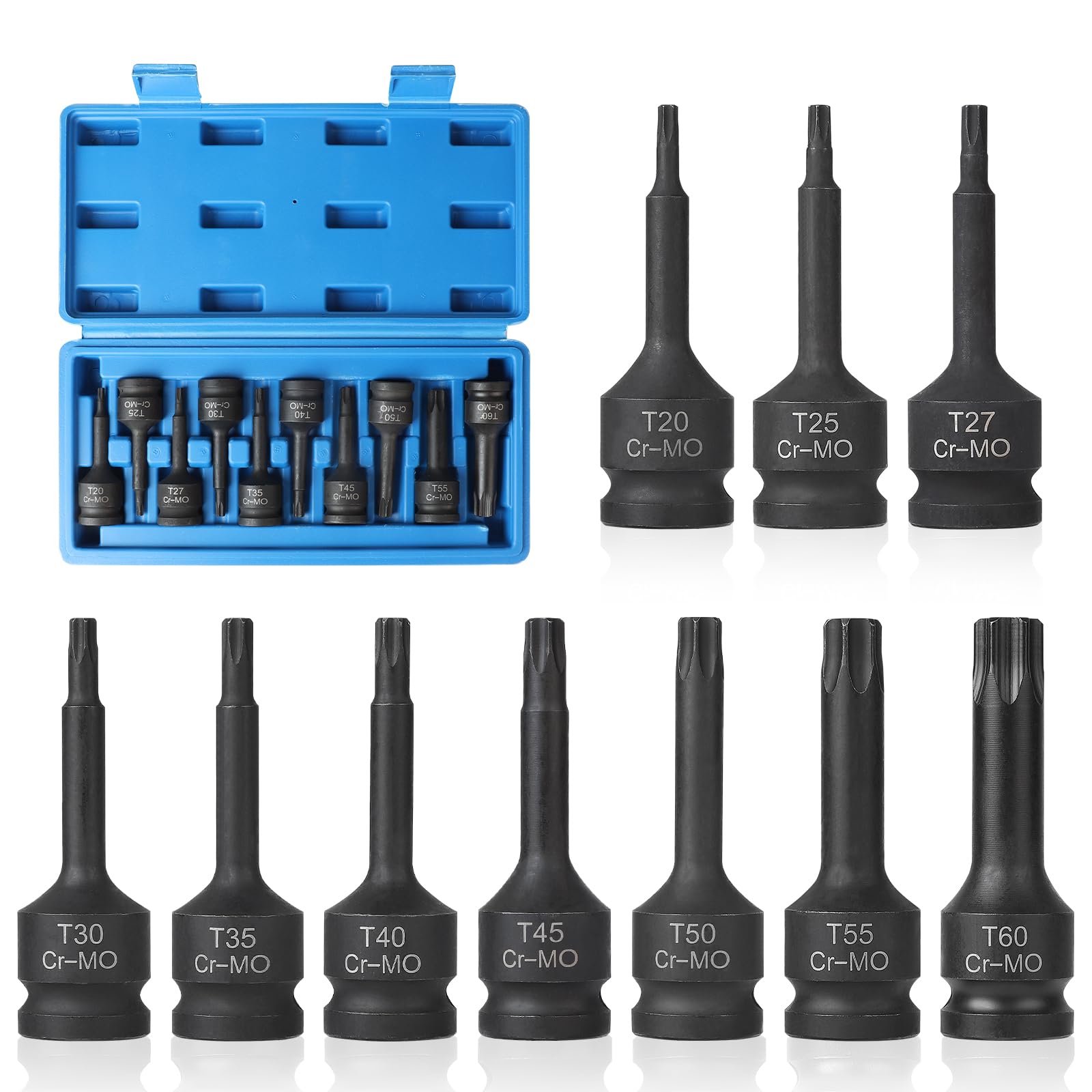 EFUTURETIME 10 Piezas Juego de Llaves de Vaso Torx 1/2", T20, T25, T27, T30, T35, T40, T45, T50, T55, T60, con Caja, CR-MO