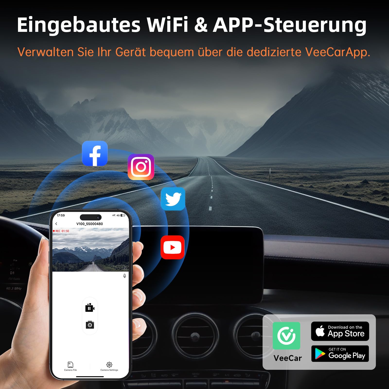 Dashcam Auto Vorne Hinten 4K+1080P, Dash Cam Auto mit GPS WiFi, Parküberwachung, Dual Autokamera mit 32GB Karte, 170° Weitwinkel, Super Nachtsicht, G-Sensor, Loop-Aufnahme, APP Steuerung, Max 256GB