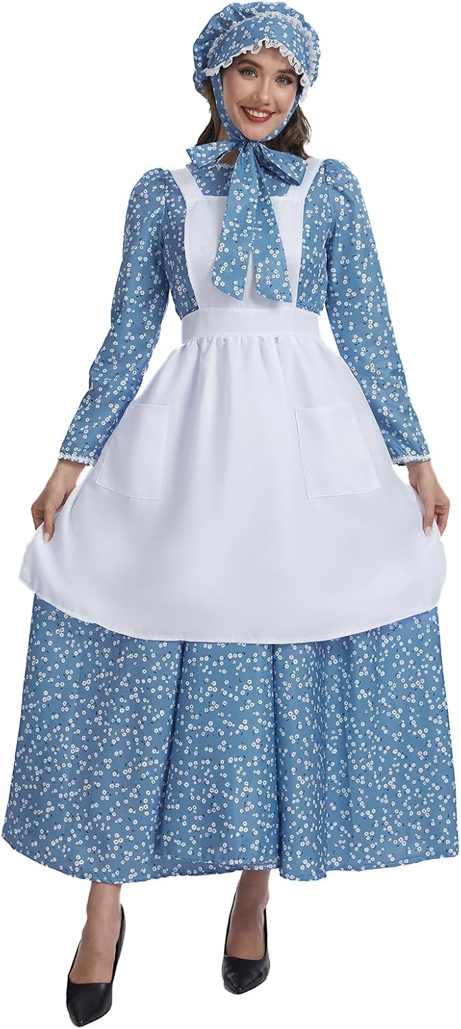 Women Adult Colonial Prairie Costume,Floral Pioneer Dress with Apron and Bonnet