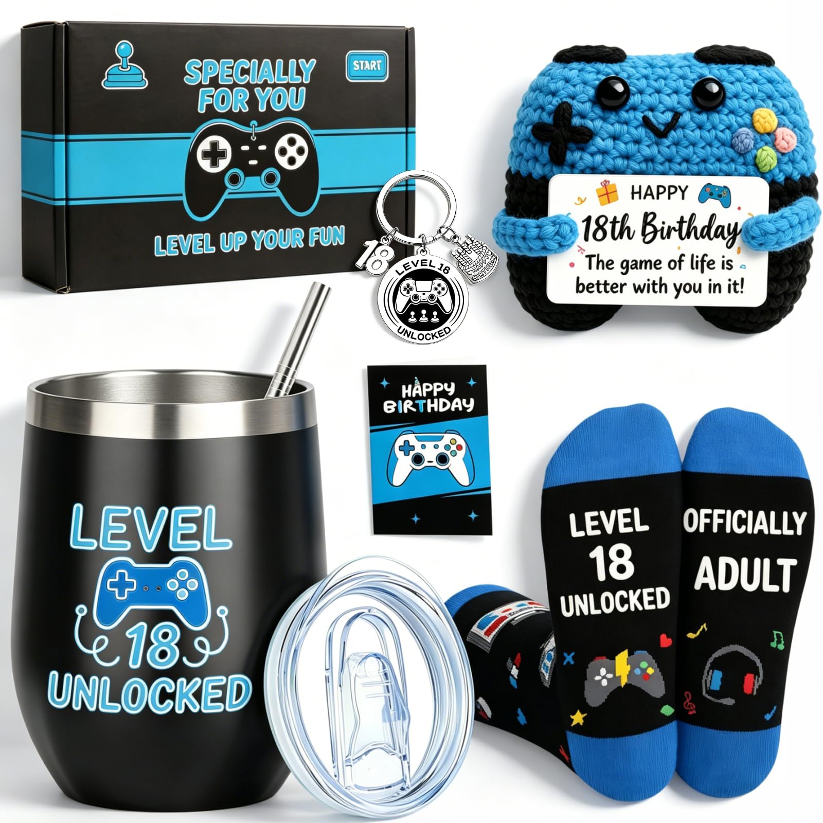Obmyllax 18 Year Old Gifts for Boys, Unique Birthday Gift Set for 18th Boys, Cool Gamer Gift Set with Tumbler Crochet Plush Socks Keychain, Present for Son Grandson Nephew Friend Video Game Lovers