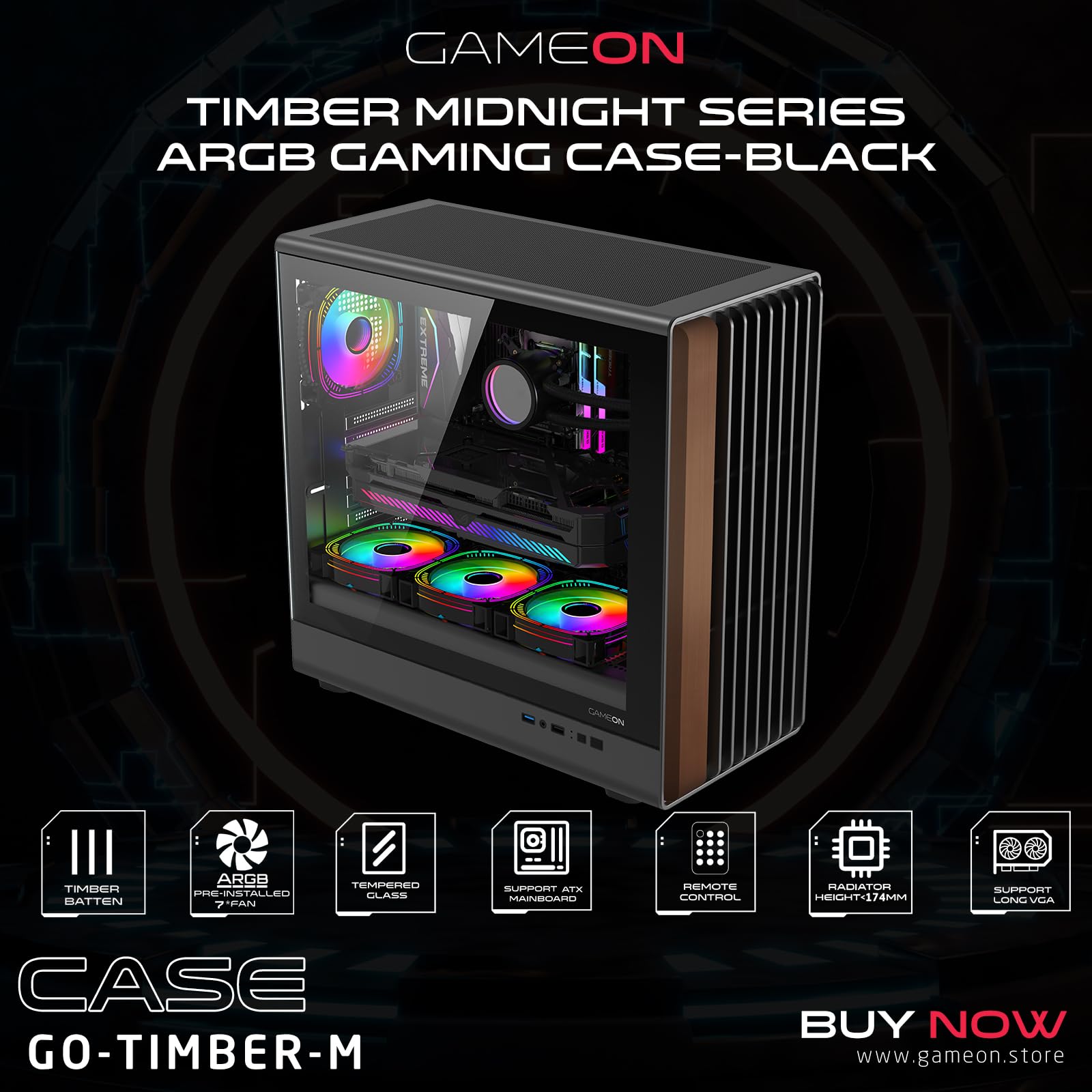GAMEON TIMBER Midnight Series ARGB Gaming Case – Mid Tower | 7× Pre-Installed ARGB+PWM Fans | Wood-Texture Panels | 3mm Tempered Glass | ATX/M-ATX/ITX Support | 420mm GPU Compatibility – Wood/Black - 2