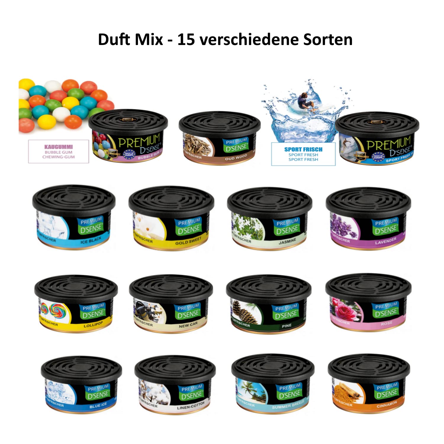 h2i Premium Duftdose | Mix | 15 Stück | +/- 60 Tage | Auto Lufterfrischer und Duftspender für Camping Büro & Zuhause | frischer Duft mit Mengenregulierung | passend für Getränkehalter