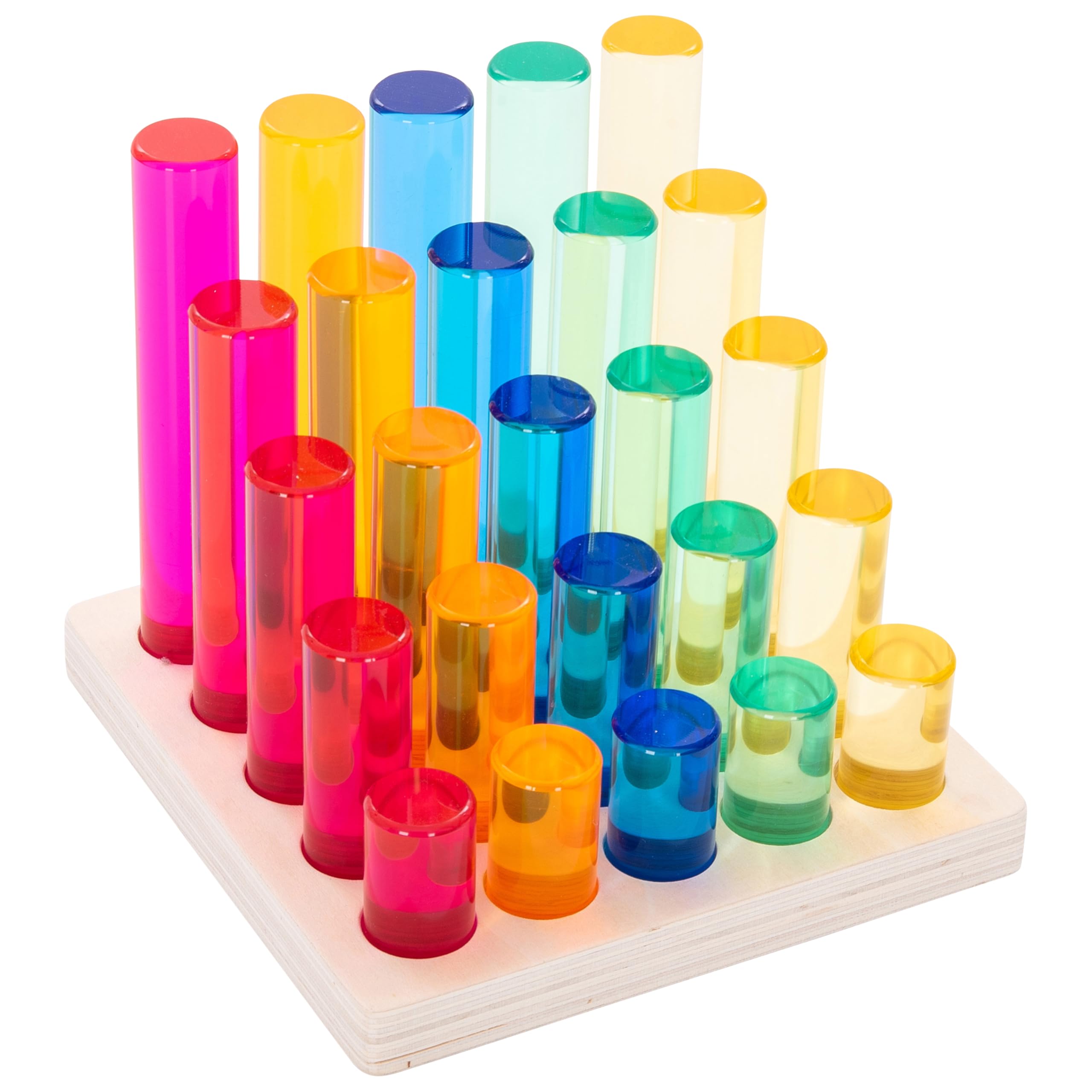 tickit Graduated Gem Columns Play Set with Wooden Storage Tray – 25 Translucent Acrylic Cylinders for Stacking, Colour Mixing, Measurement, Construction & Sensory Learning