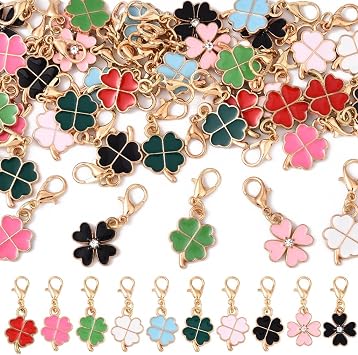 40 Pcs 10 Styles Clover Alloy Enamel Pendants, with Lobster Clasps, for DIY Jewelry Making, Good Luck Charms & Bag Accessories