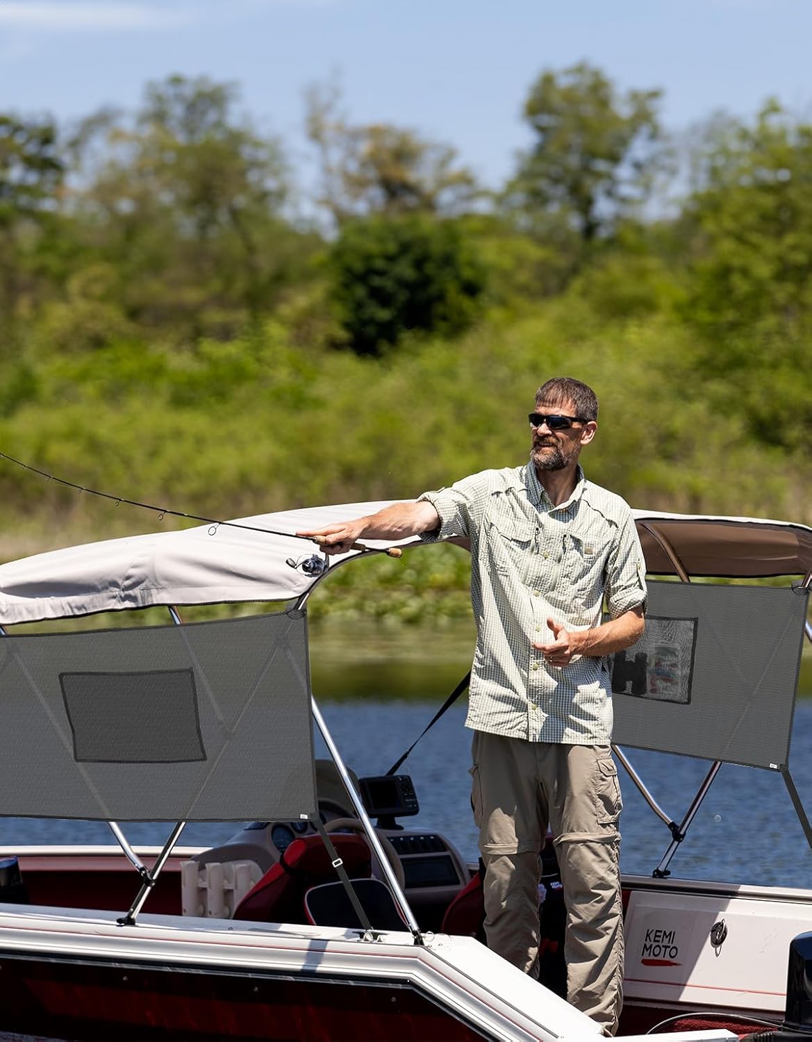 KEMIMOTO Detachable Mesh Sidewalls Universal for 3 Bow Bimini Tops, with Large Pockets for Fishing Gear, Includes 2 Straps(Bimini Tops Not Included)