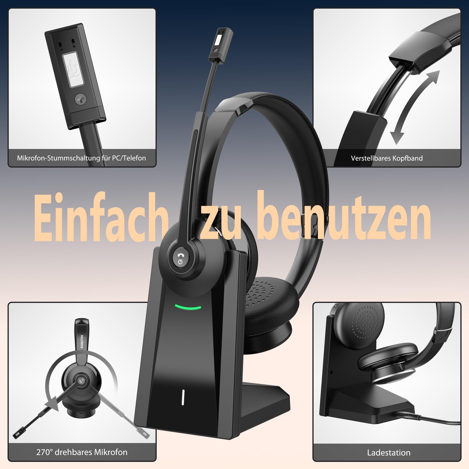 Earbay Bluetooth Headset mit Mikrofon, Kabelloses Headset mit Ladestation & USB Dongle, Kabellose mit Mikrofon Rauschunterdrückung & Stummschaltung für Computer/Meeting/Zoom/Büro/HomeOffice