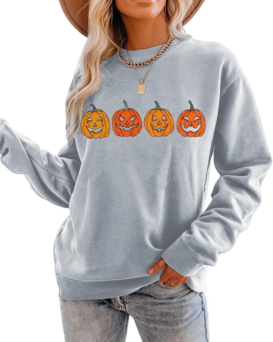CM C&M WODRO Halloween Women Pumpkin Sweatshirt Funny Pumpkin Face Graphic Pullover Crewneck Long Sleeve Fall Shirts Top