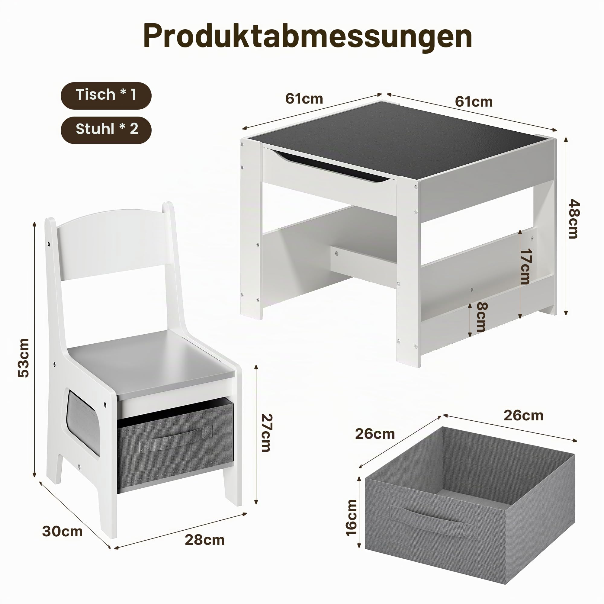 Xbro Kindertisch mit 2 Stühlen, 4 in 1 Kinder Maltisch mit Stauraum, multifunktionale Kindersitzgruppe aus Holz mit Bücherregal, für Kinder ab 3 Jahren, 61,5 × 61,5 × 48 cm, Grau