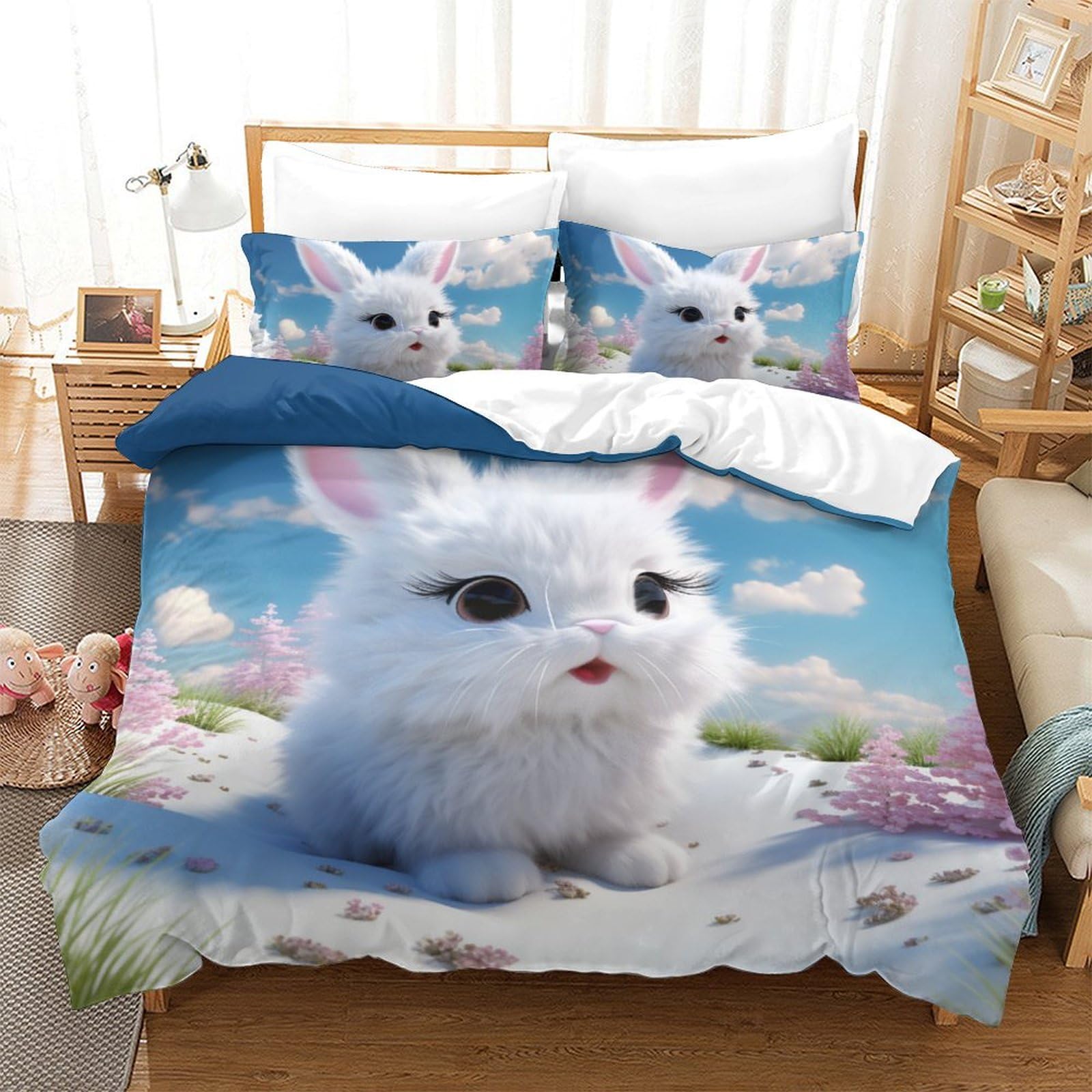 Housse de couette lapin 3D anti-plis en microfibre avec zip pour simplifier votre literie