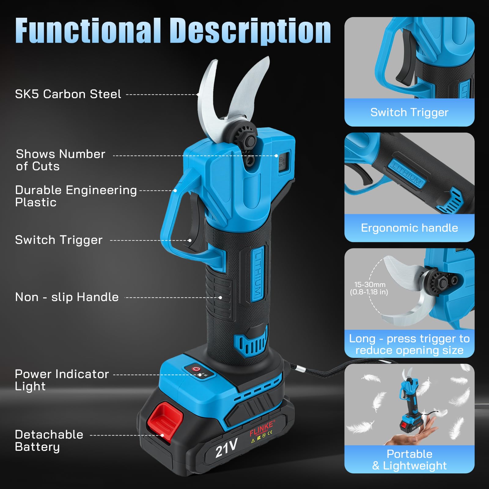 Sécateur Électrique Sans Fil avec 21V 2x2000mAh Batteries et écran LED, Portable Sécateur à Batterie pour Branches d'arbres de Jardin Verger, Lames SK7