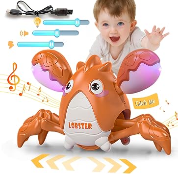 Gzsbaby Musical Baby Toy -Crawling Lobster Toy Sensory Tummy Time Toys for Boy Girl, Light-up Walking Dancing Moving Toys Learning Development Infant Toddler Birthday Gifts Green Orange