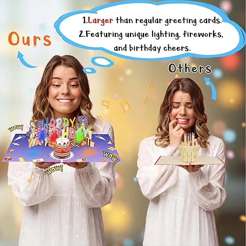 Miniatura 3 de Haoeery Tarjeta desplegable de cumpleaños musical 3D para mujeres y hombres, vela de luz LED soplable y reproduce música de feliz cumpleaños con