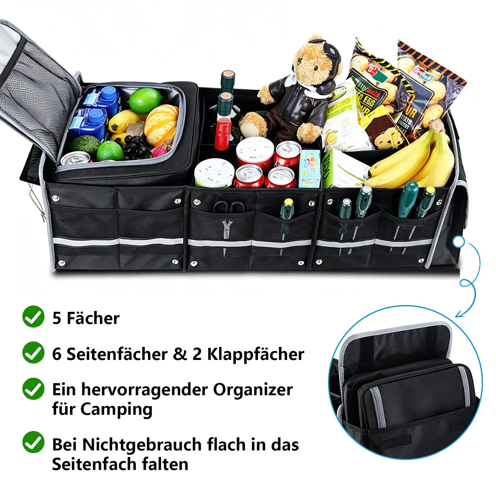 Organizer per bagagliaio extra grande da 94,5 l, con borsa termica da 18 l, pieghevole, con 5 scomparti, coperchio pieghevole e spallacci regolabili