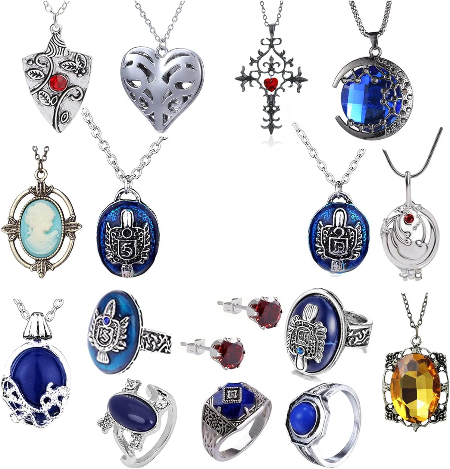 PPX 67 Set Replace The Vampire Diaries Daywalking Katherine Sapphire Crystal Pendant Necklaces Ring Earrings & 50 Pcs Vampire Diaries Stickers Movie Jewelry Set Cosplay For Fans, Metal For Women