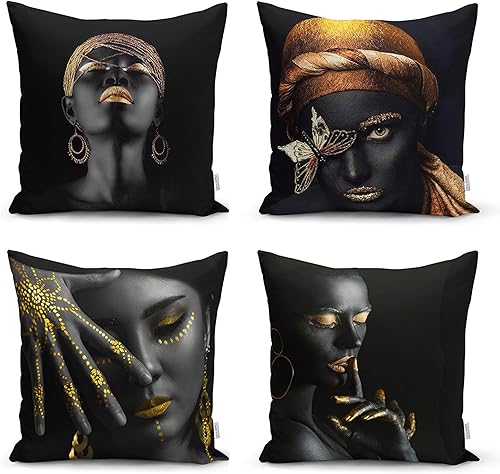 Miniatura 8 de Set of 4 African Woman Gold Pattern Square Cushion Cover - Pack 4 Dark Yellow Throw Pillowcase - Ethnic Themed Black Decorative Accent Pillow Cover