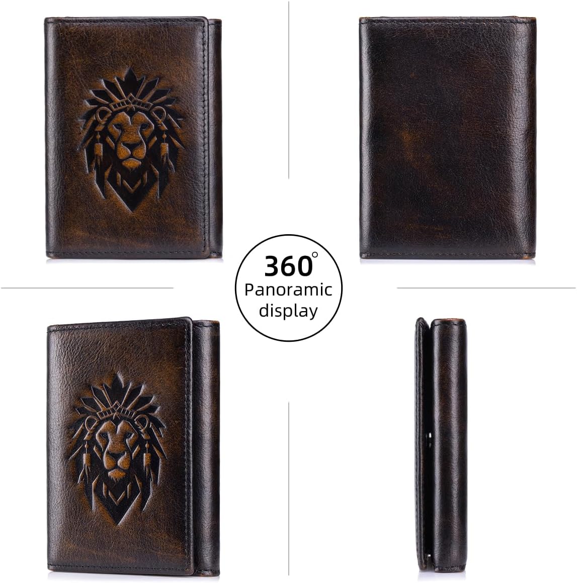 Trifold Wallets for Men RFID Blocking Full Grain Leather Short Mens Wallet with Snap Closure, 8 Card Slots, Clear ID Window, Vintage