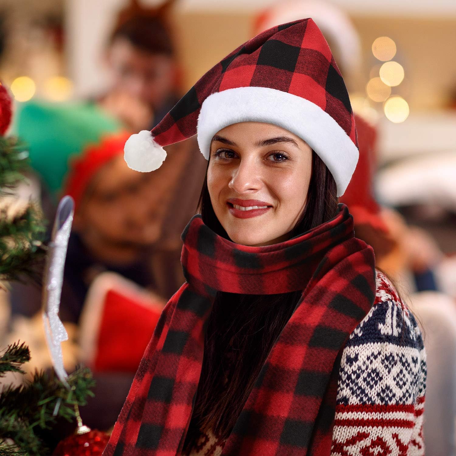 Sintege 3 Pieces Christmas Plaid Santa Hat and 3 Pieces Plaid Scarfs for Christmas New Year Festival Holiday Party