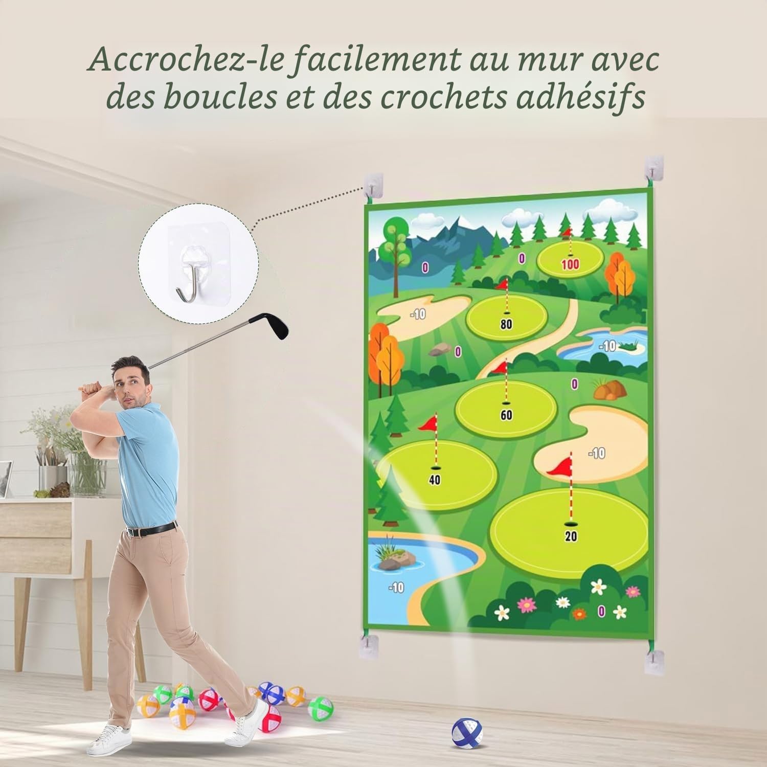Clemas Jeu de Golf avec Tapis de Frappe, 20 Balles Adhésives, Club, Tableau de Bord, Cibles pour Intérieur et Extérieur
