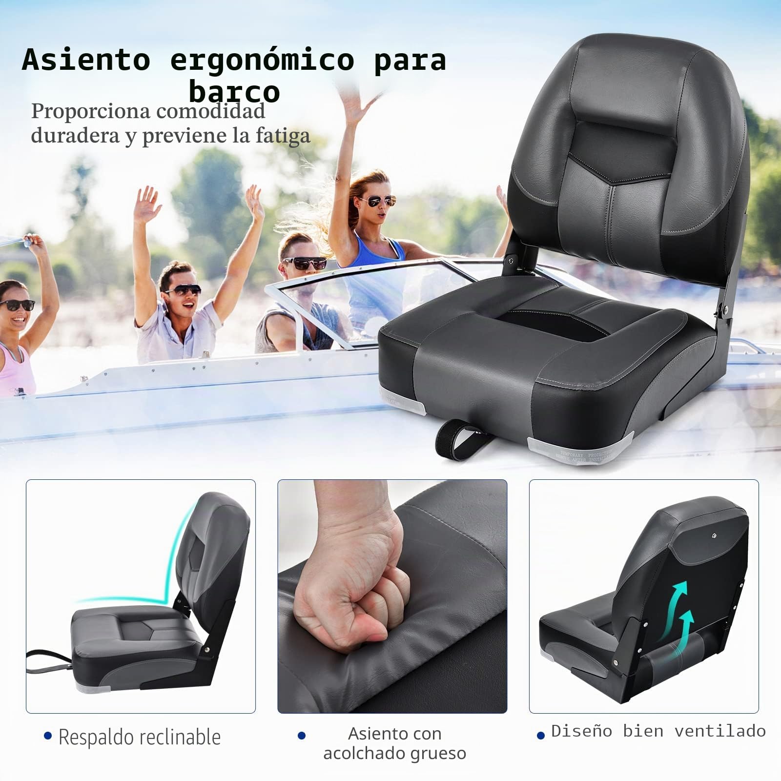GOPLUS Juego de 2 Asientos de Barco, Silla Plegable para Barco Impermeable, Asiento Yate Ergonómico con Correas y Tornillos de Fijación, 42 x 50 x 52 cm, para Pescar, Pilotaje, Barco de Pesca (Negro)
