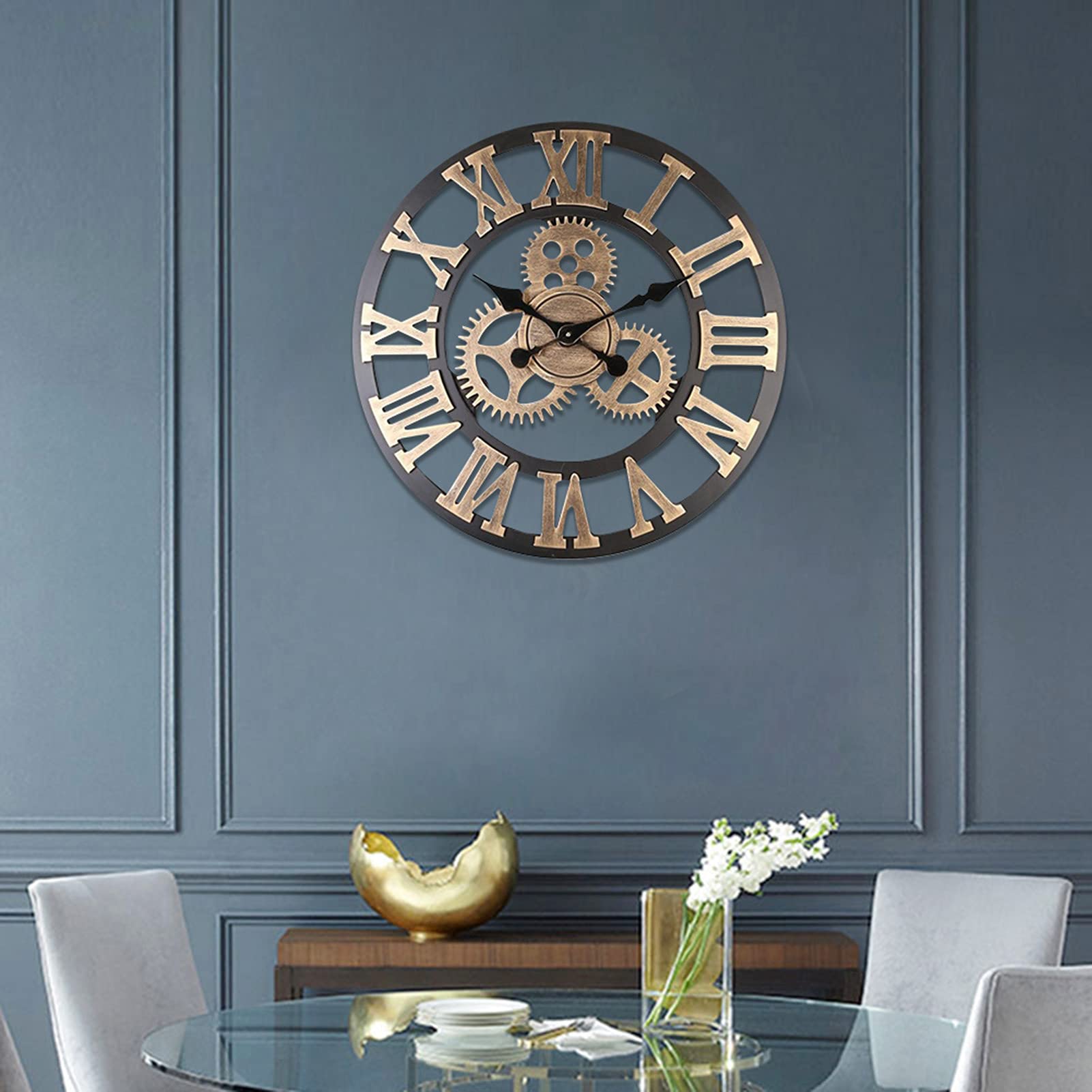 Horloge murale 3D Akozon vintage dorée de 58 cm avec mécanisme silencieux