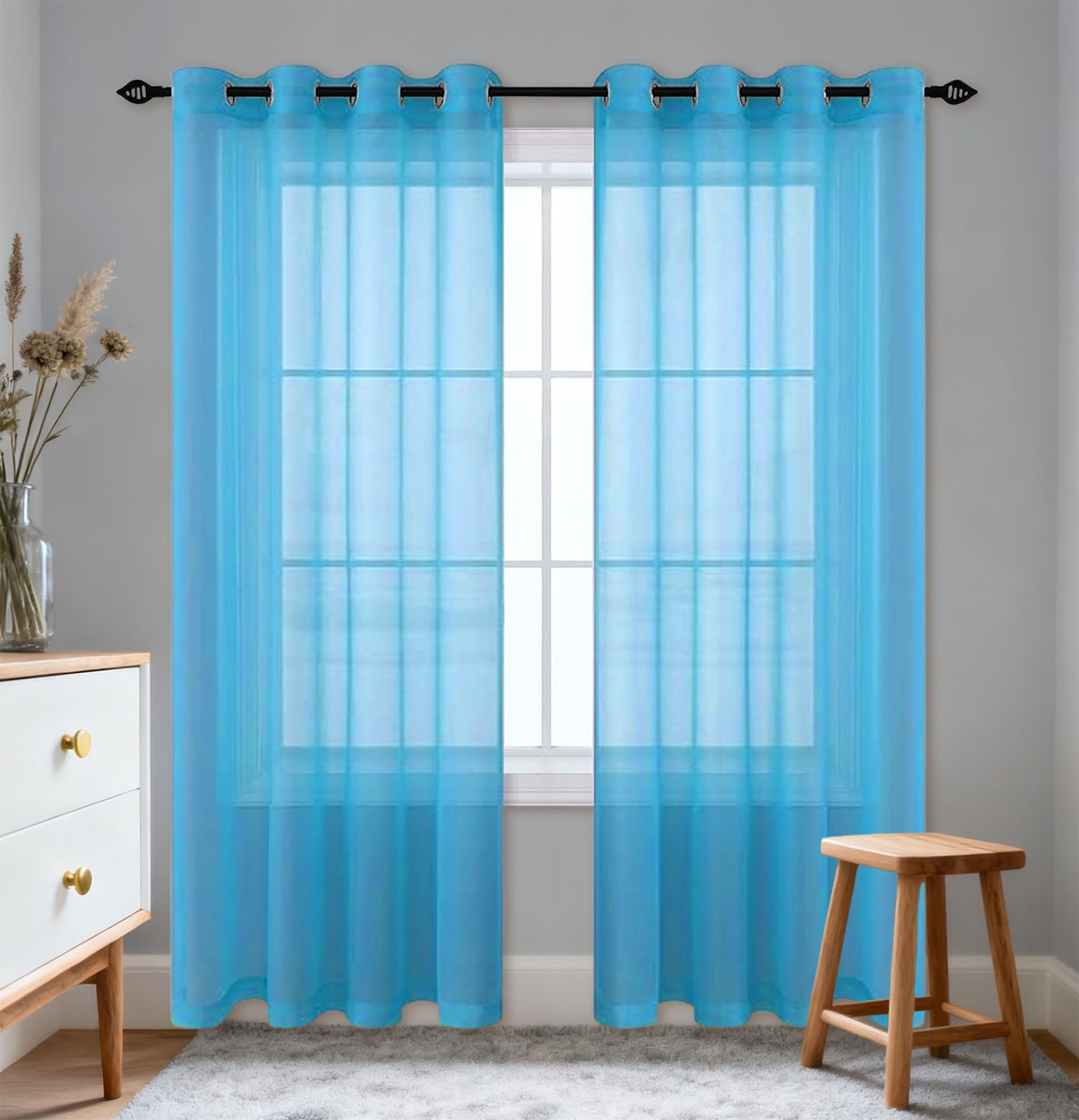 Voilage bleu ciel 325x115 cm à oeillets pour la decoration de fenetre