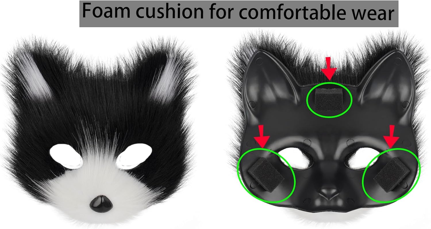 Therian Mask Animal Wolf Paw Gloves & Furry Cat Ears Collar Set with Fox Tail - Cosplay Costume Kit - Image 3