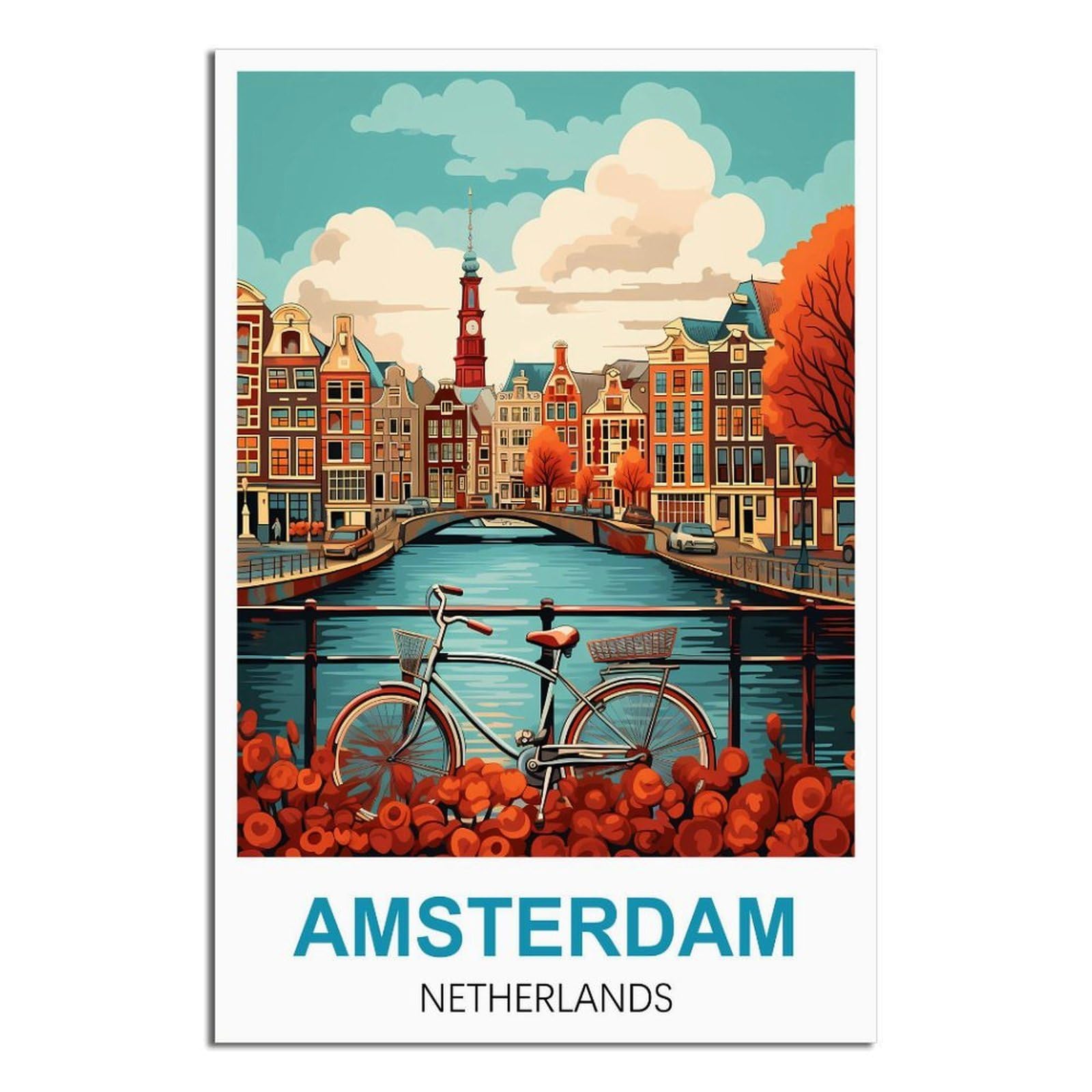 Sljgineu Unframe-Style Amsterdam Netherlands Vintage Travel Posters Bicycle 12X18inch(30X45cm) Canvas Wall Art Print Modern Painting Poster For Living Room Decor